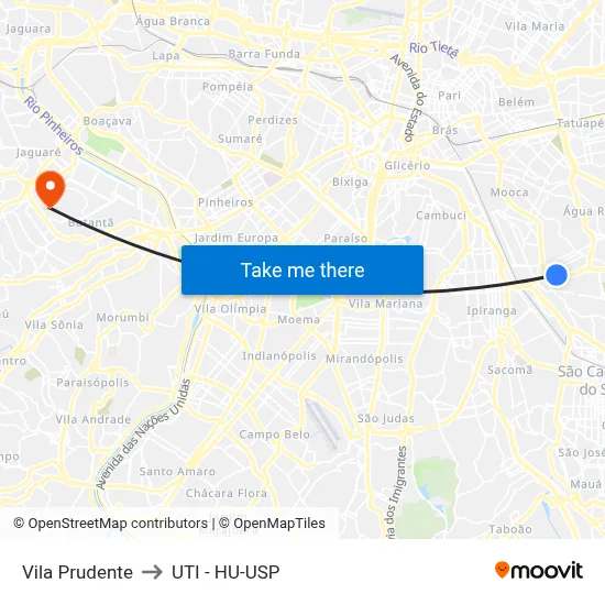 Vila Prudente to UTI - HU-USP map