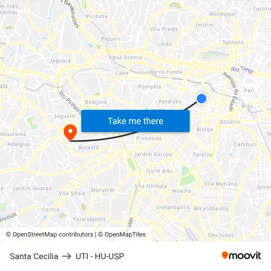 Santa Cecília to UTI - HU-USP map