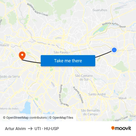 Artur Alvim to UTI - HU-USP map