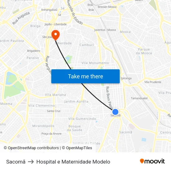 Sacomã to Hospital e Maternidade Modelo map