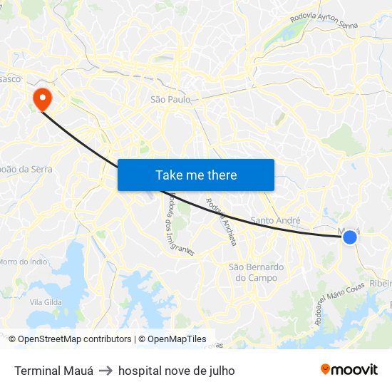 Terminal Mauá to hospital nove de julho map