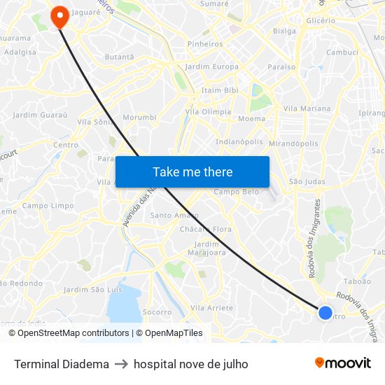 Terminal Diadema to hospital nove de julho map