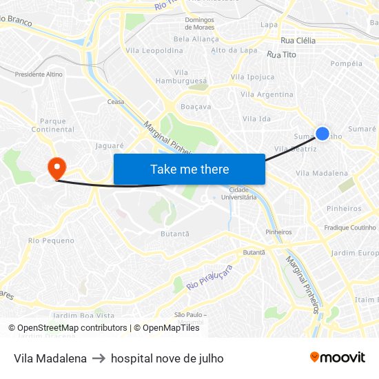 Vila Madalena to hospital nove de julho map