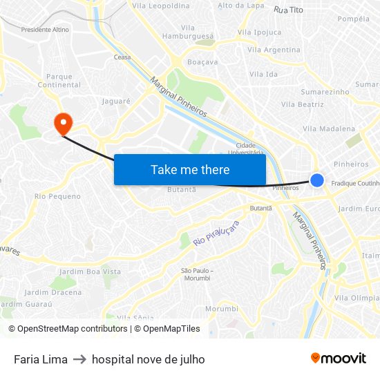 Faria Lima to hospital nove de julho map