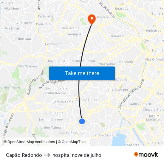 Capão Redondo to hospital nove de julho map