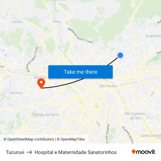 Tucuruvi to Hospital e Maternidade Sanatorinhos map