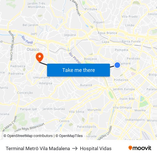 Terminal Metrô Vila Madalena to Hospital Vidas map
