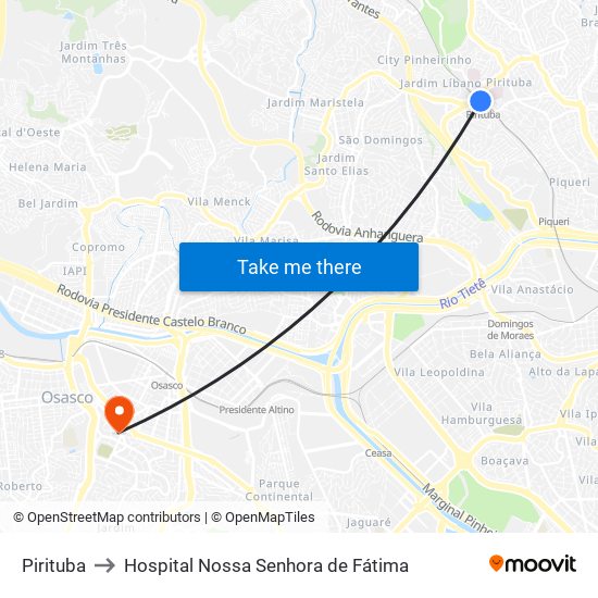 Pirituba to Hospital Nossa Senhora de Fátima map