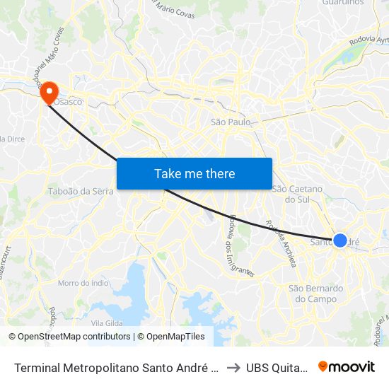 Terminal Metropolitano Santo André Leste to UBS Quitaúna map