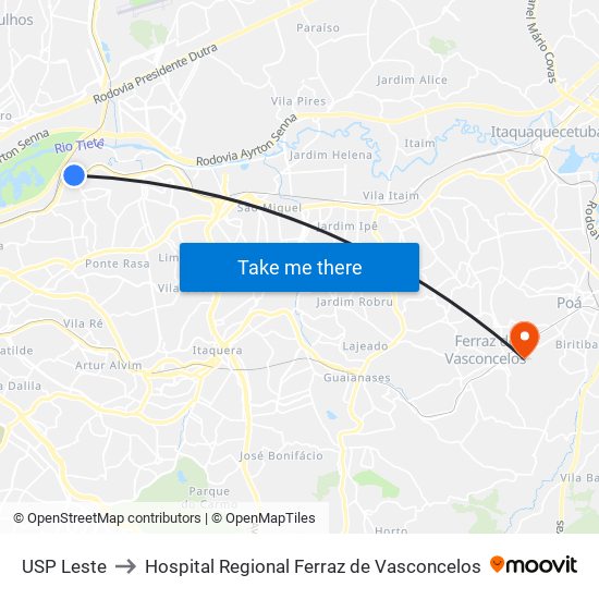 USP Leste to Hospital Regional Ferraz de Vasconcelos map