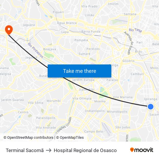 Terminal Sacomã to Hospital Regional de Osasco map