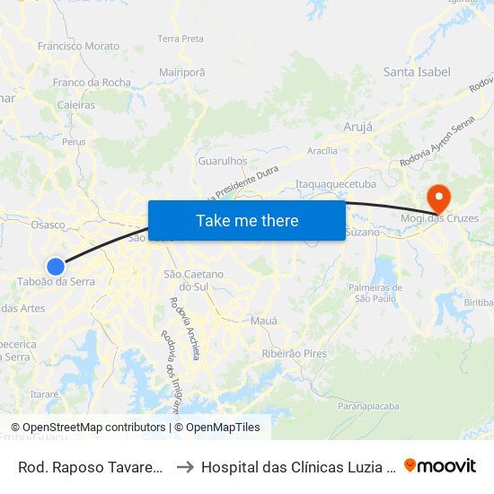 Rod. Raposo Tavares - Carrefour to Hospital das Clínicas Luzia de Pinho Melo map