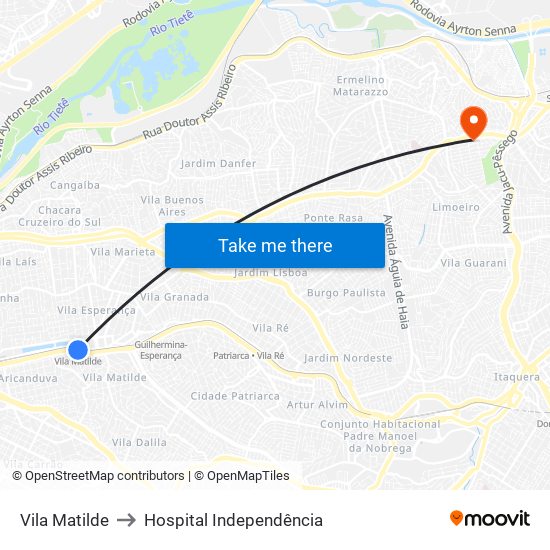 Vila Matilde to Hospital Independência map