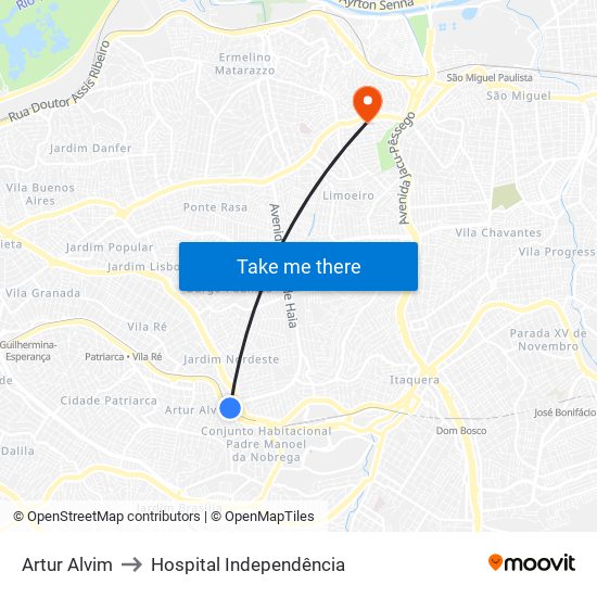 Artur Alvim to Hospital Independência map