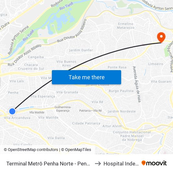 Terminal Metrô Penha Norte - Penha de França, São Paulo to Hospital Independência map