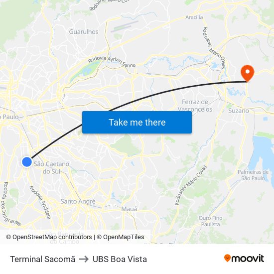 Terminal Sacomã to UBS Boa Vista map