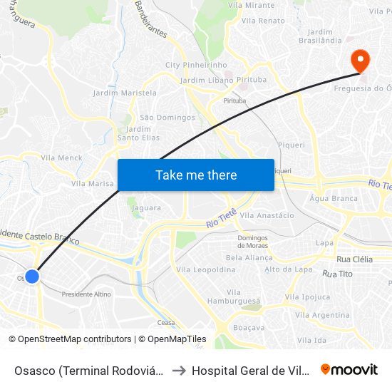 Osasco (Terminal Rodoviário e Urbano) to Hospital Geral de Vila Penteado map