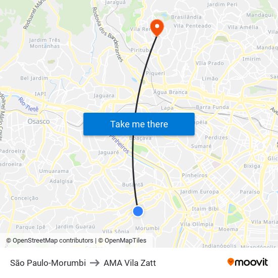 São Paulo-Morumbi to AMA Vila Zatt map