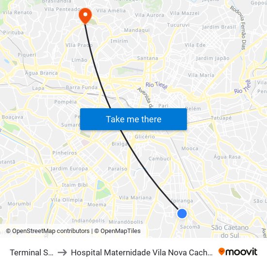 Terminal Sacomã to Hospital Maternidade Vila Nova Cachoeirinha - Pré Parto map