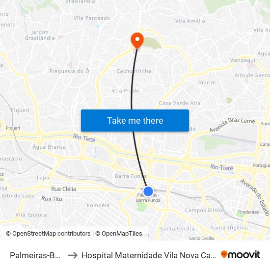 Palmeiras-Barra Funda to Hospital Maternidade Vila Nova Cachoeirinha - Pré Parto map