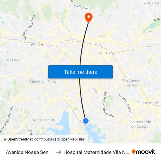 Avenida Nossa Senhora do Sabará, 4455 to Hospital Maternidade Vila Nova Cachoeirinha - Pré Parto map