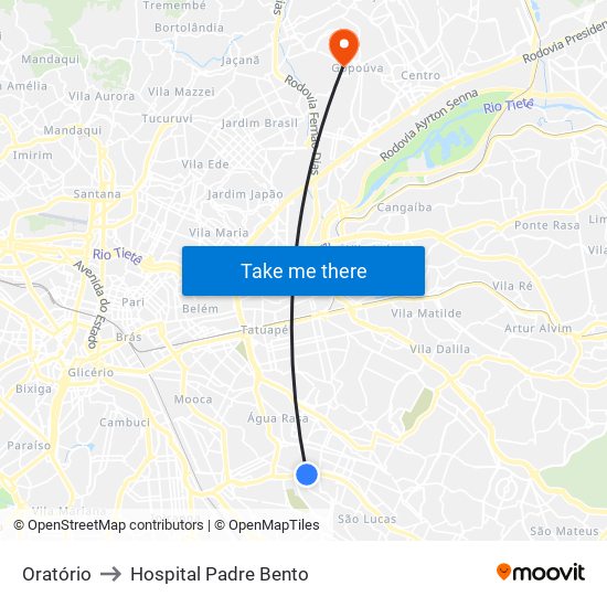 Oratório to Hospital Padre Bento map