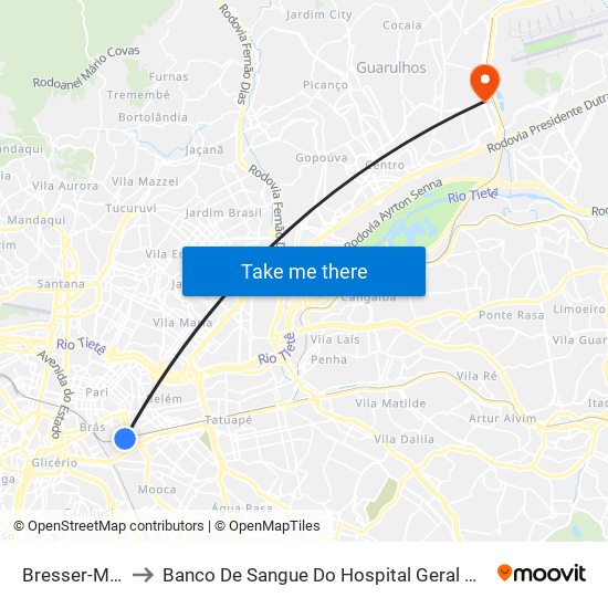 Bresser-Mooca to Banco De Sangue Do Hospital Geral De Guarulhos map