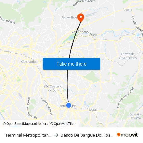 Terminal Metropolitano Santo André Leste to Banco De Sangue Do Hospital Geral De Guarulhos map