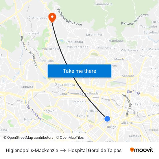 Higienópolis-Mackenzie to Hospital Geral de Taipas map