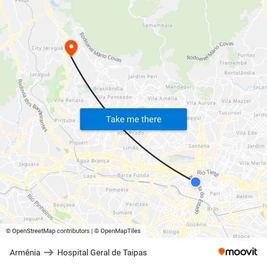 Armênia to Hospital Geral de Taipas map