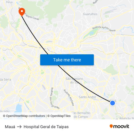 Mauá to Hospital Geral de Taipas map