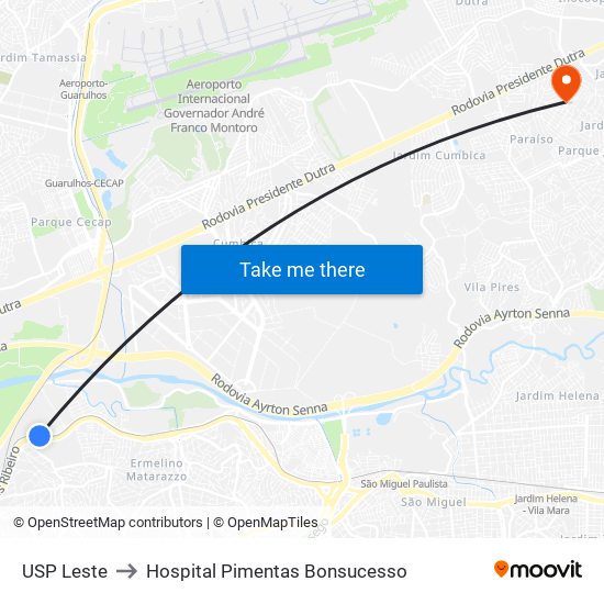 USP Leste to Hospital Pimentas Bonsucesso map
