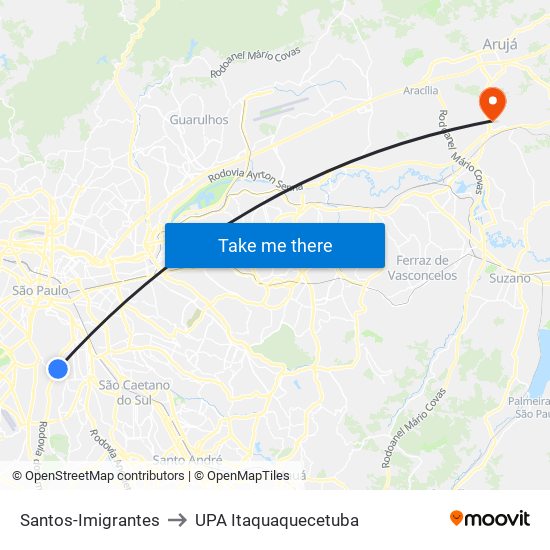Santos-Imigrantes to UPA Itaquaquecetuba map
