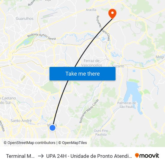 Terminal Mauá to UPA 24H - Unidade de Pronto Atendimento map