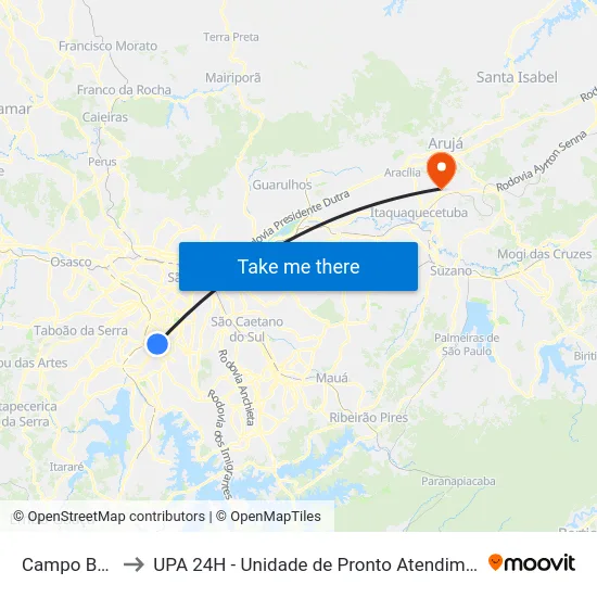 Campo Belo to UPA 24H - Unidade de Pronto Atendimento map