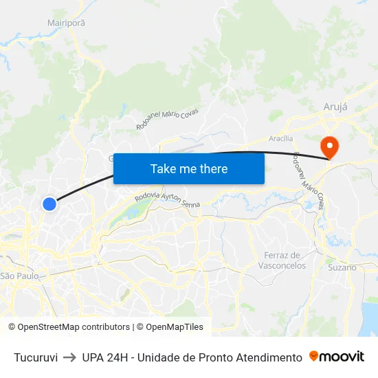 Tucuruvi to UPA 24H - Unidade de Pronto Atendimento map