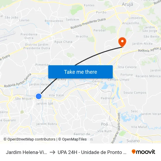 Jardim Helena-Vila Mara to UPA 24H - Unidade de Pronto Atendimento map