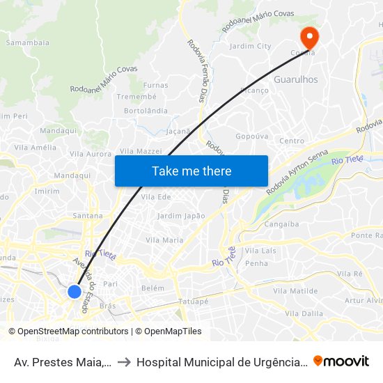 Av. Prestes Maia, 940 to Hospital Municipal de Urgências HMU map