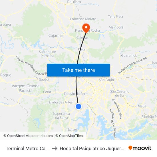 Terminal Metro Capão Redondo to Hospital Psiquiatrico Juquery - Franco da Rocha map