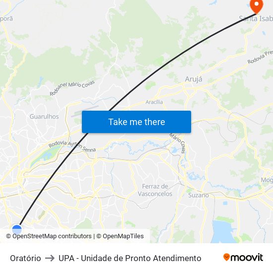 Oratório to UPA - Unidade de Pronto Atendimento map