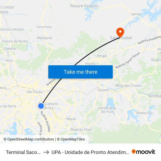 Terminal Sacomã to UPA - Unidade de Pronto Atendimento map