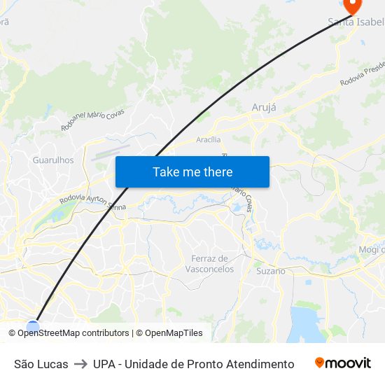 São Lucas to UPA - Unidade de Pronto Atendimento map