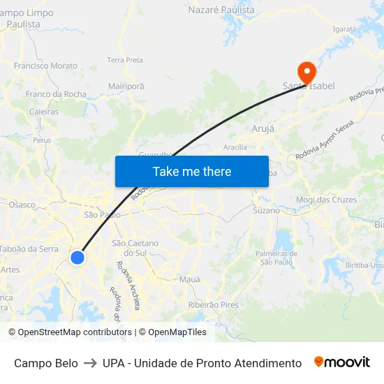Campo Belo to UPA - Unidade de Pronto Atendimento map