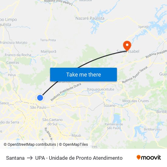 Santana to UPA - Unidade de Pronto Atendimento map