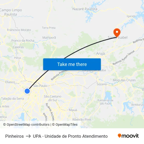 Pinheiros to UPA - Unidade de Pronto Atendimento map