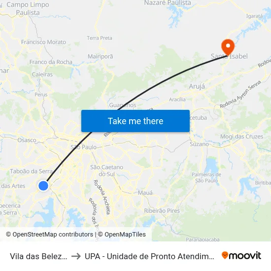 Vila das Belezas to UPA - Unidade de Pronto Atendimento map