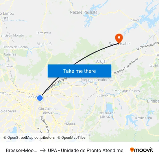 Bresser-Mooca to UPA - Unidade de Pronto Atendimento map
