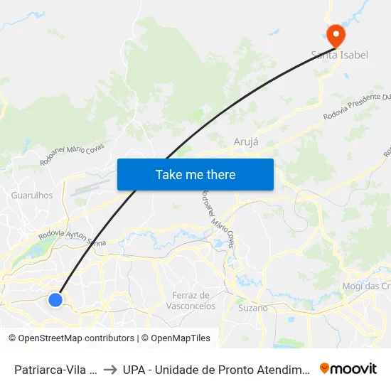 Patriarca-Vila Ré to UPA - Unidade de Pronto Atendimento map