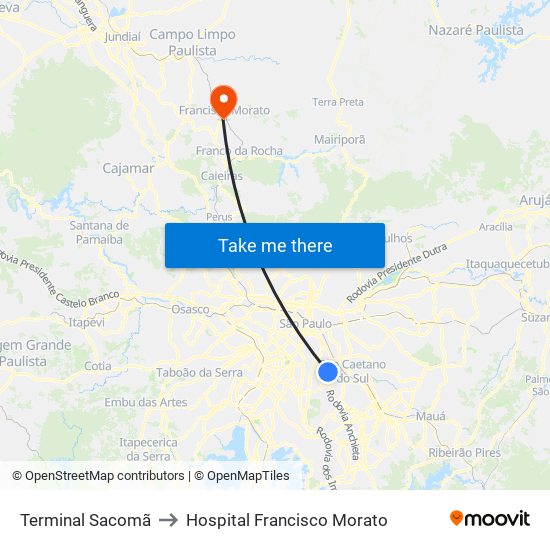 Terminal Sacomã to Hospital Francisco Morato map