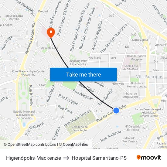 Higienópolis-Mackenzie to Hospital Samaritano-PS map